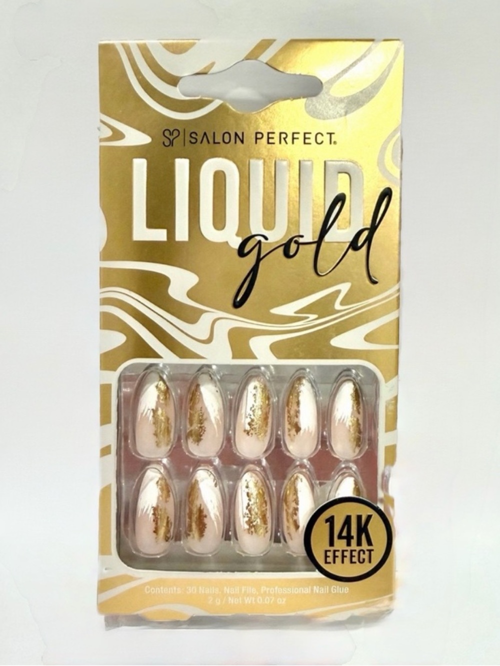 Salon Perfect Liquid Gold Press-On Nails Set w/ Glue - Almond Shape - 30 Nails